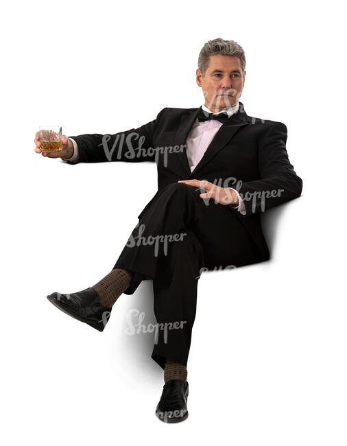 cut out gentleman in a suit sitting on a sofa and drinking whiskey
