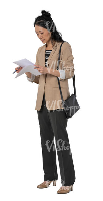 cut out woman standing and reading some papers