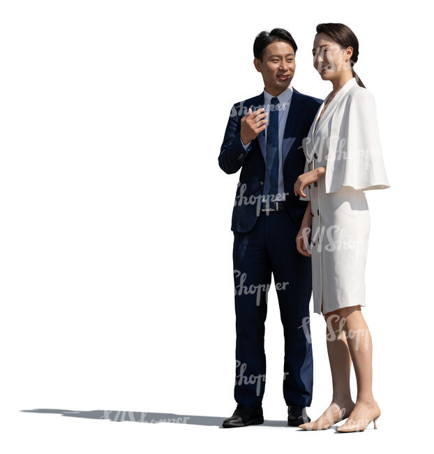 cut out asian man and woman standing and talking happily