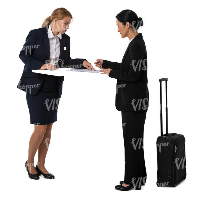 cut out businesswoman checking into a hotel