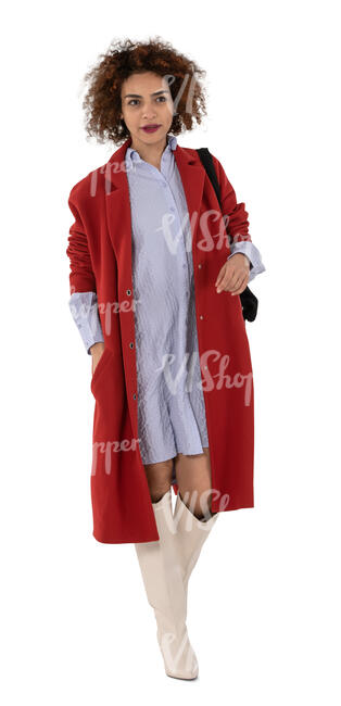 cut out woman with a light overcoat walking