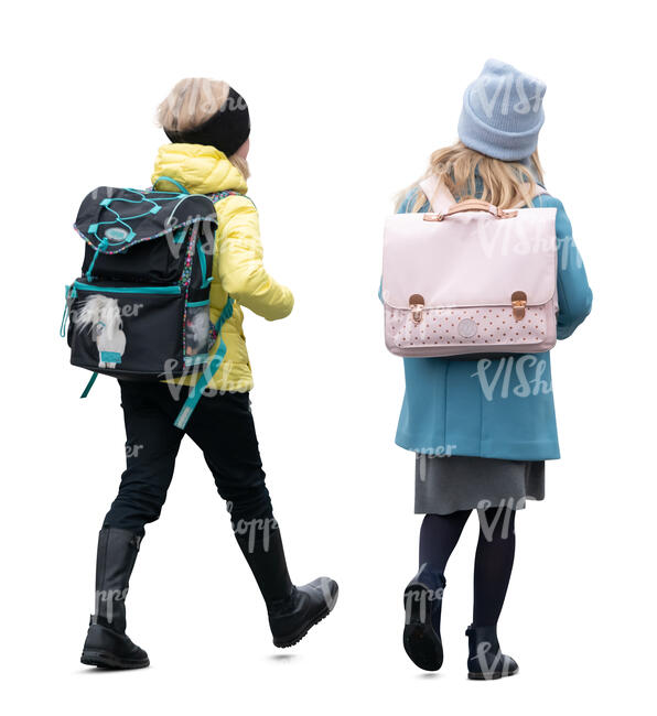 two cut out schoolgirls in winter walking and chatting