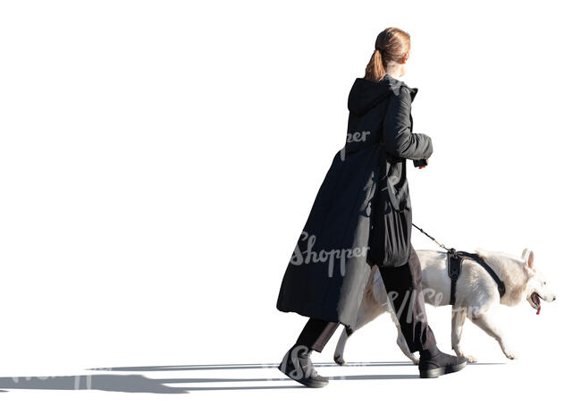 cut out woman in a black long coat walking a dog