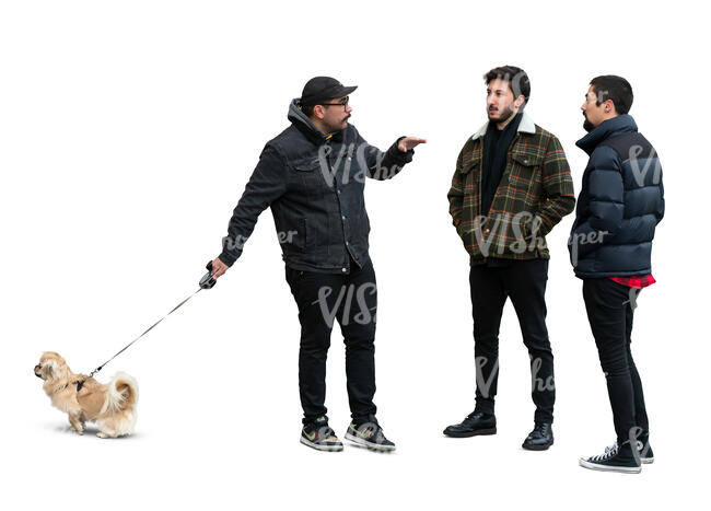 three cut out men with a dog standing and talking