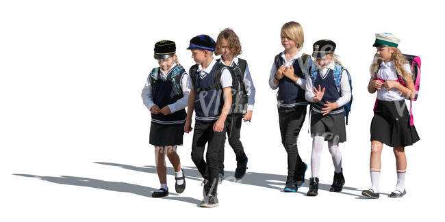 cut out group of kids in school uniforms walking and talking