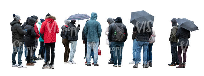 cut out large group of people standing on a rainy autumn day