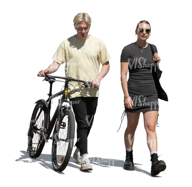 cut out woman and and young man with a bike walking side by side