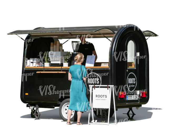 cut out woman buying coffee from a street coffee van