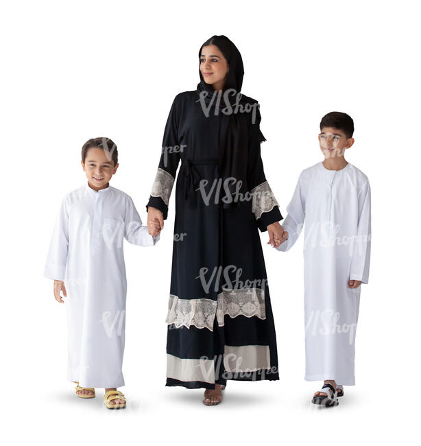 cut out arab woman walking hand in hand with her two sons