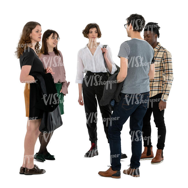 cut out group of five people standing and talking