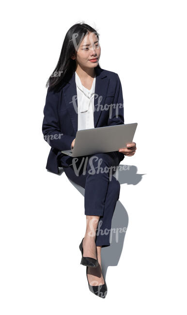 cut out asian businesswoman with a laptop sitting