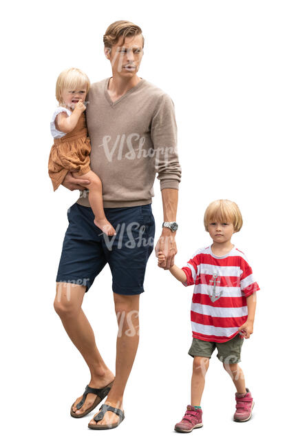 cut out man with two small kids walking