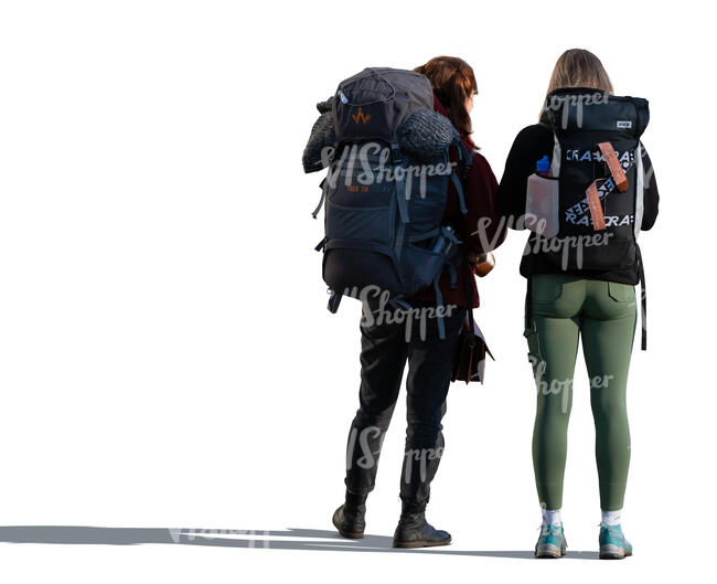 two cut out women with big hiking backpacks standing