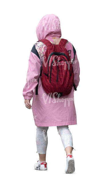 cut out woman wearing a pink rain jacket walking