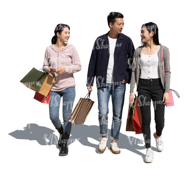 cut out group of three asian people with shopping bags walking