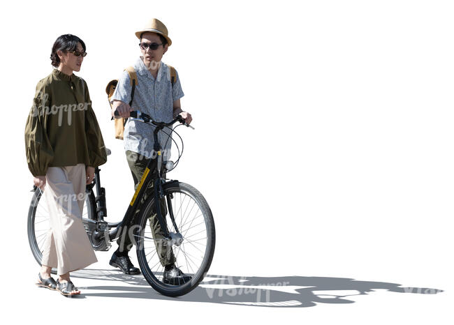 cut out backlit man and woman with a bike walking
