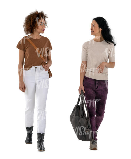 two cut out women walking and talking