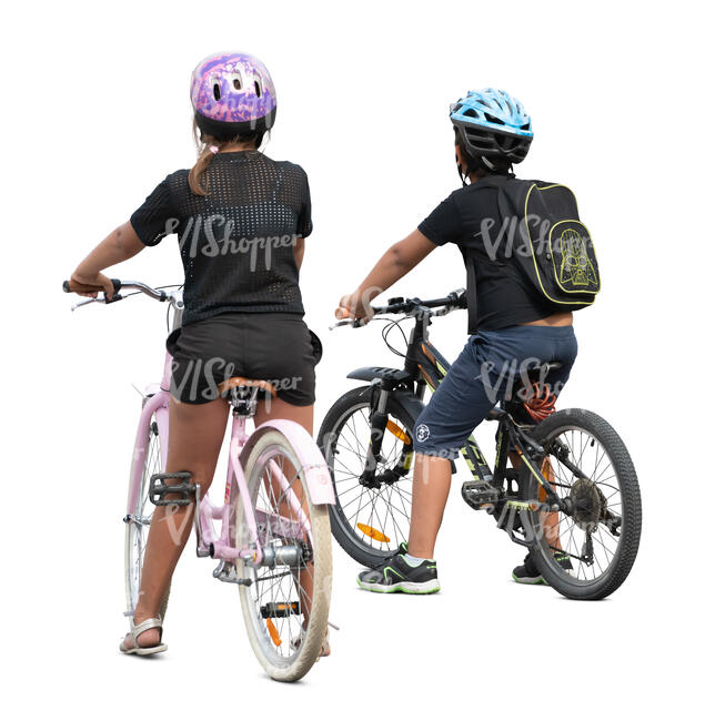 two cut out kids with bikes stopping while riding