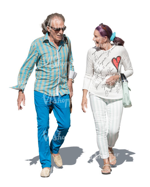 cut out elderly man and and woman walking and talking happily