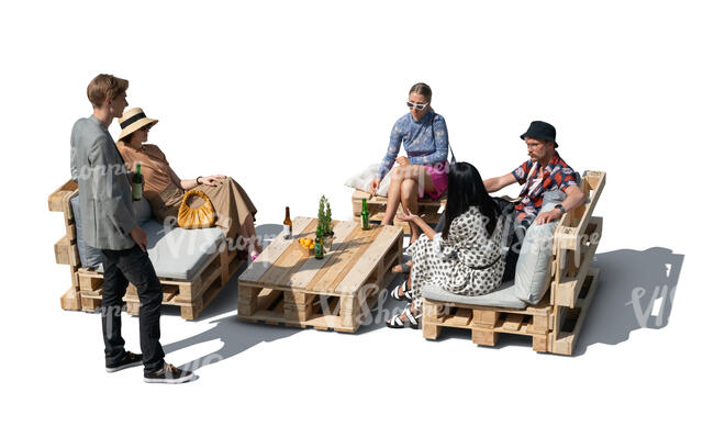 cut out group of young people hanging in a bohemian outdoor cafe