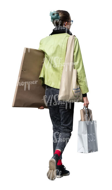 cut out woman carrying a large package under her arm walking