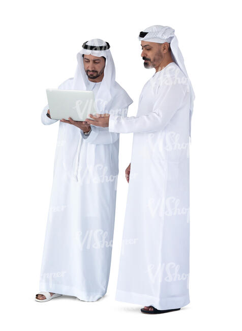two cut out arab men standing and looking at a tablet