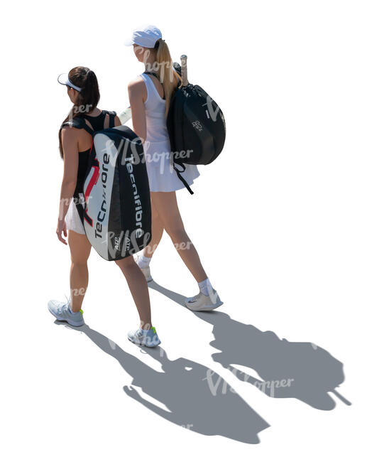 two cut out backlit tennis players walking seen from above