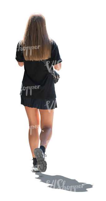 cut out backlit woman in a black mini dress walking