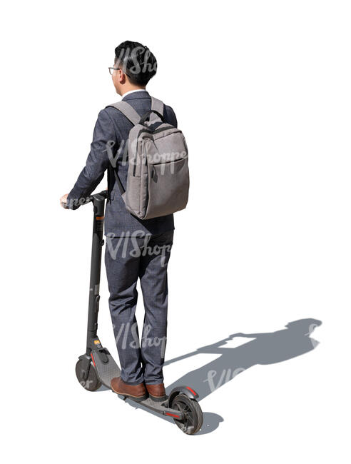 cut out young asian businessman ridin an electric scooter