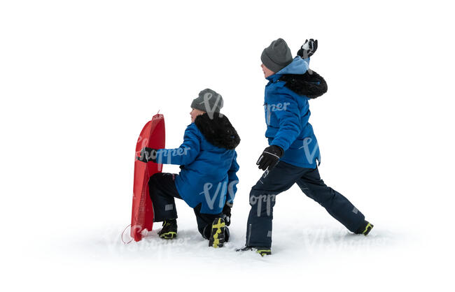 two cut out boys having a snowball fight