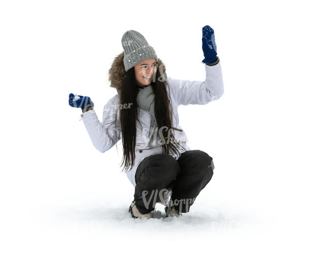 cut out woman having fun in the winter participating in a snowball fight