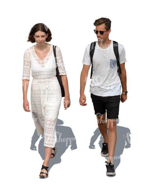 two cut out people walking in summer seen from above