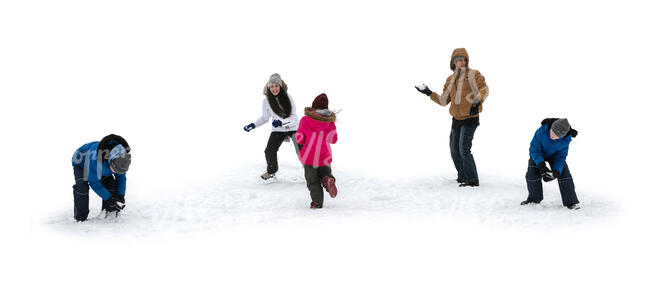 cut out family having a snowball fight