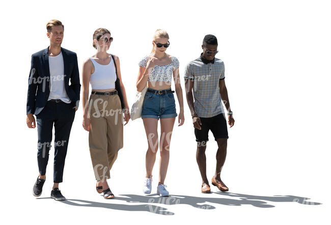 cut out backlit group of four friends walking in summer
