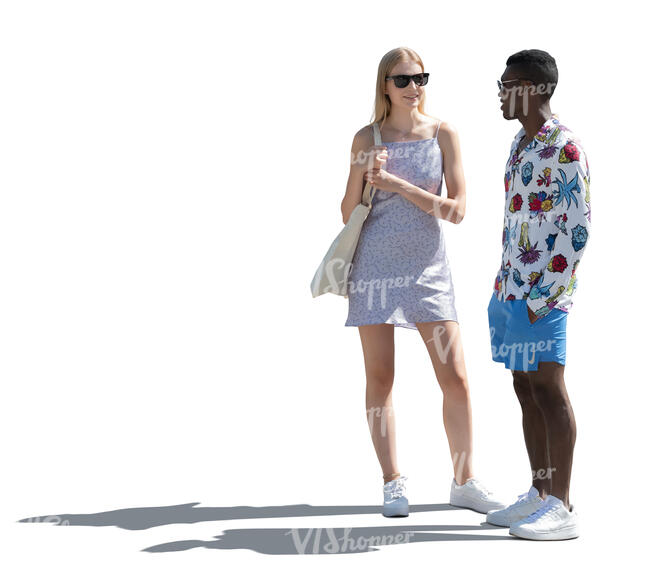 two cut out backlit people standing and talking