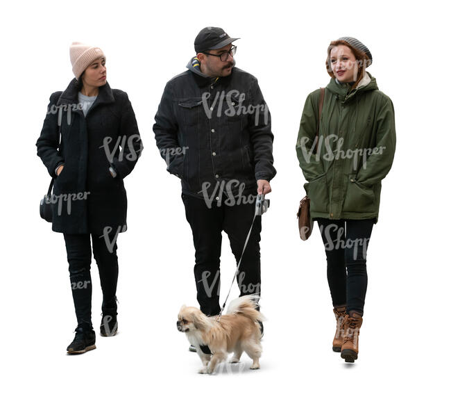 cut out group of friends with a dog walking in autumn