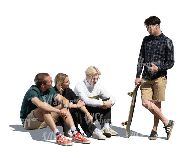 cut out group of young people sitting on the sidewalk and talking to a man