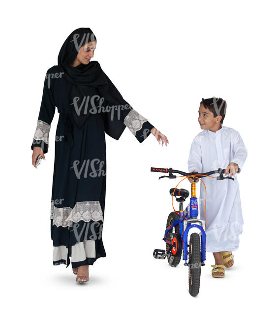 cut out arab boy with a bicycle walking with his mother