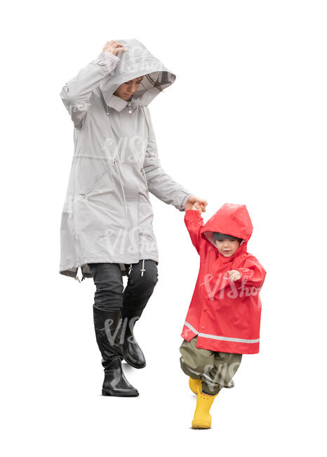 cut out mother and son walking down the stairs in the rain