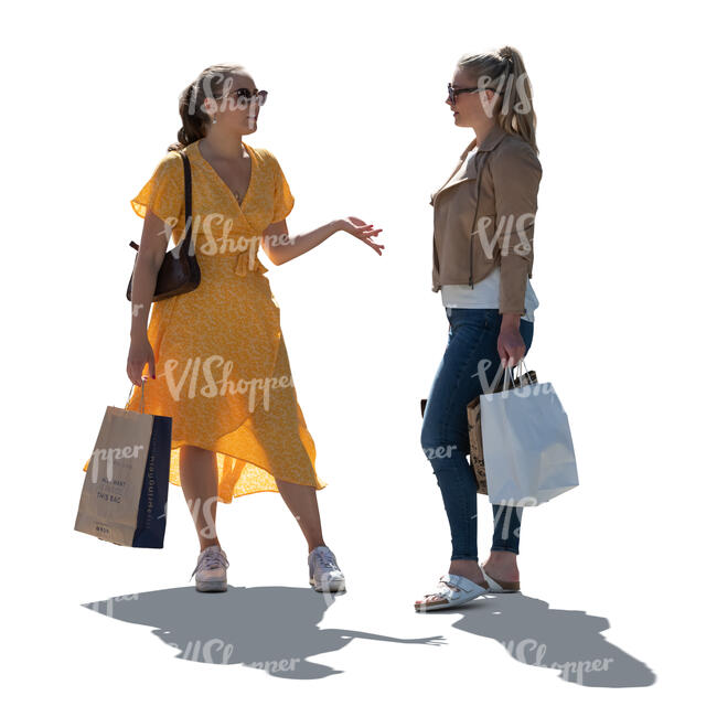 two cut out  backlit young women with shopping bags standing