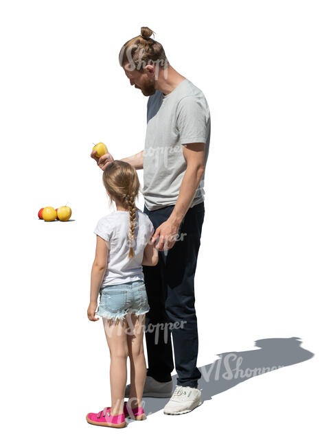 cut out father and daughter picking apples at farmers market
