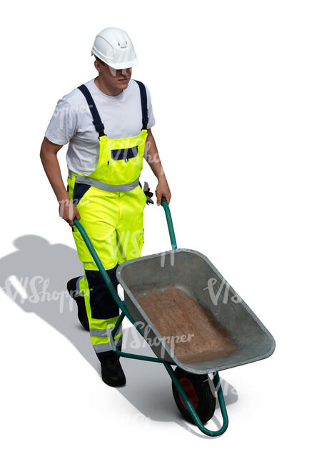 cut out top view of a construction worker with a wheelbarrow