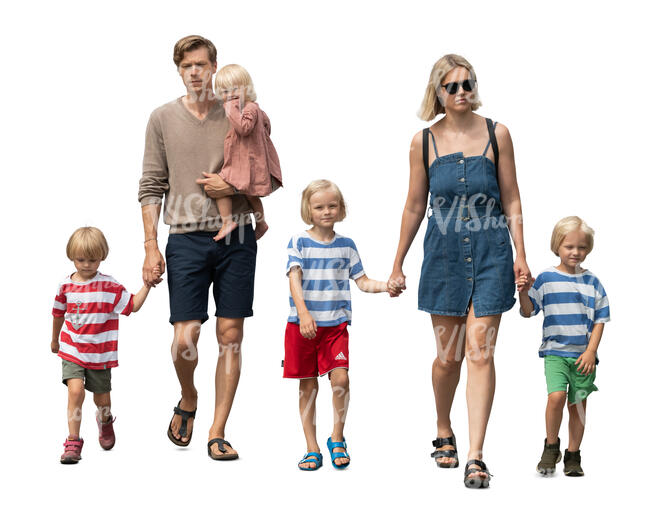 cut out family with four small kids walking