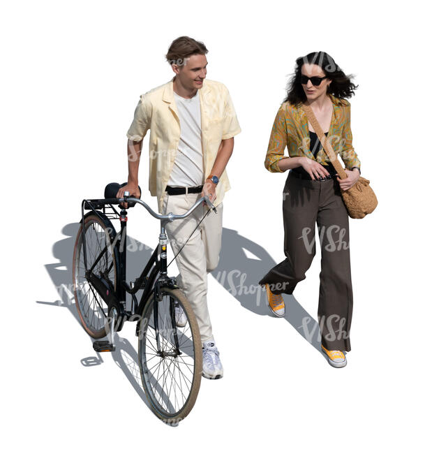 cut out man with a bicycle walking side by side with a woman