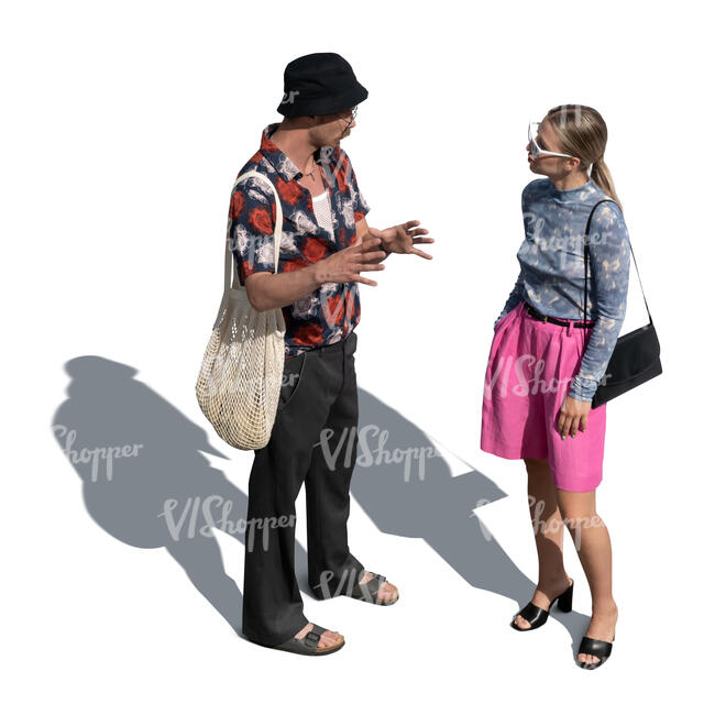 two cut out people standing and talking seen from above