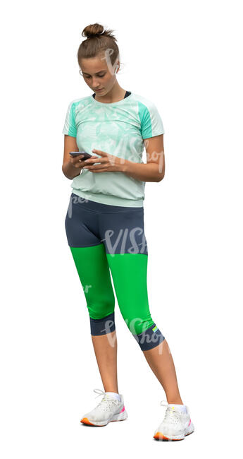 cut out woman in sports clothes standing and looking at a phone