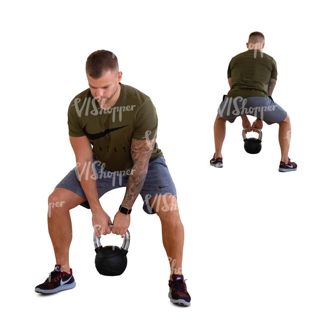 cut out man doing power squats in the gym with mirror reflection