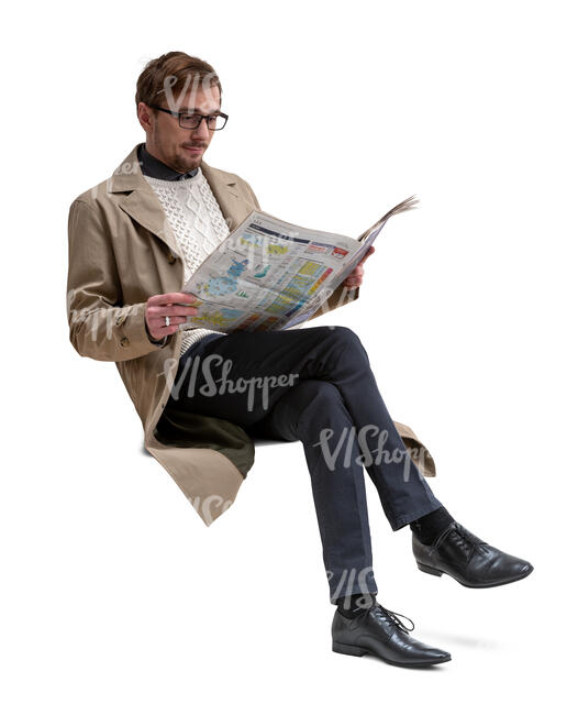 cut out man in a trenchcoat sitting and reading a newspaper
