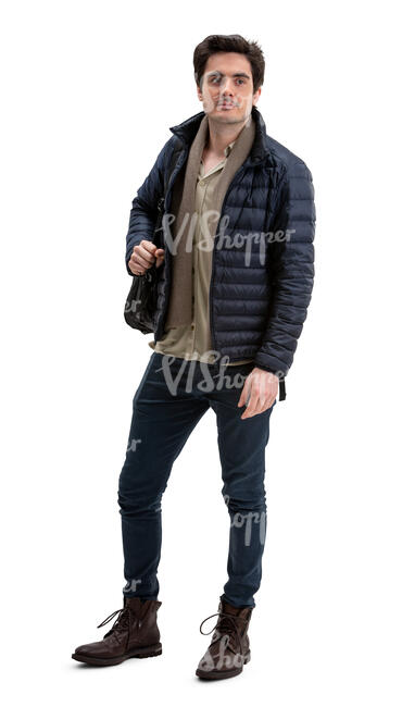 cut out man in a light bomber jacket standing