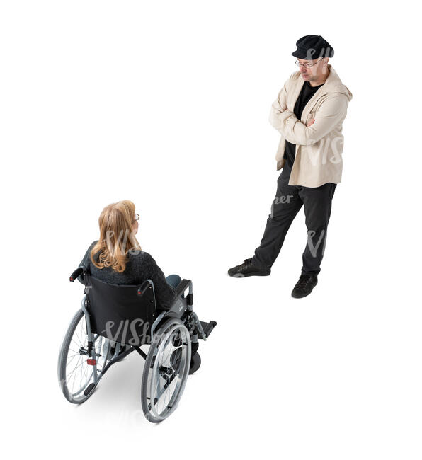 cut out woman in a wheelchair talking to a man seen from above